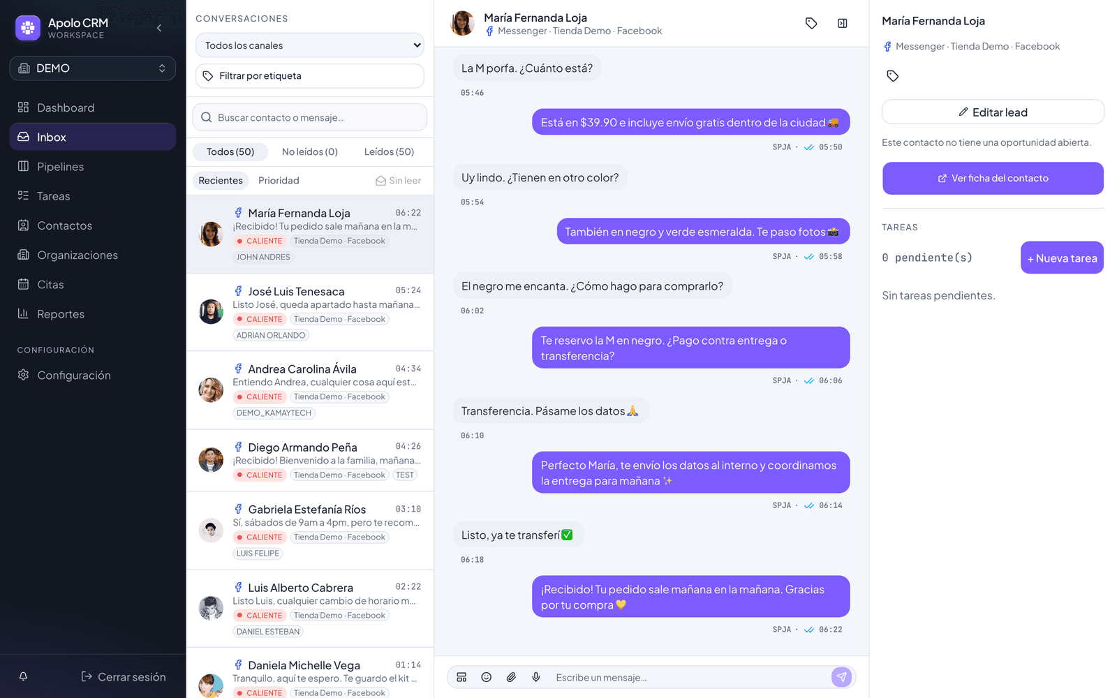 Bandeja unificada de Apolo CRM con conversaciones de Instagram y Facebook